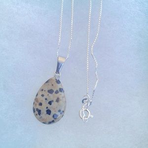 Dalmatian Jasper Tear Drop Silver 16” Necklace